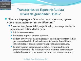 Transtornos do Espectro Autista
Níveis de gravidade: DSM-V
Nível 1 – Asperger – “Convive com os outros, apesar
com sua maneira um tanto diferente.”
A comunicação social é prejudicada, pois os portadores
apresentam dificuldades para:
 Iniciar conversações
 Respostas atípicas ou sem sucesso
 Podem envolver-se na conversação, porém apresentam falhas
por causa das dificuldades de metaforização, literalidade,
inflexibilidade, apego excessivo às próprias crenças, etc.
 Tentativas mal sucedidas de estabelecer amizades com
pessoas de sua idade (crianças e adolescentes permanecem
mais isolados e se relacionam melhor com pessoas adultas)
Dr. Cláudio Costa - Belo Horizonte - MG
 