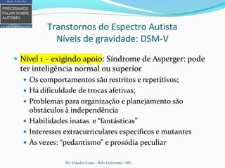 Transtornos do Espectro Autista
Níveis de gravidade: DSM-V
Dr. Cláudio Costa - Belo Horizonte - MG
 