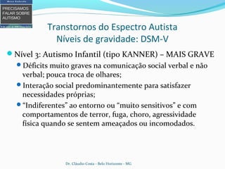 Transtornos do Espectro Autista
Níveis de gravidade: DSM-V
Nível 3: Autismo Infantil (tipo KANNER) – MAIS GRAVE
Déficits muito graves na comunicação social verbal e não
verbal; pouca troca de olhares;
Interação social predominantemente para satisfazer
necessidades próprias;
“Indiferentes” ao entorno ou “muito sensitivos” e com
comportamentos de terror, fuga, choro, agressividade
física quando se sentem ameaçados ou incomodados.
Dr. Cláudio Costa - Belo Horizonte - MG
 