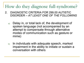 How do they diagnose full-syndrome? 2. DIAGNOSTIC CRITERIA FOR 299.00 AUTISTIC DISORDER –  AT LEAST ONE OF THE FOLLOWING Delay in, or total lack of, the development of spoken language (not accompanied by an attempt to compensate through alternative modes of communication such as gesture or mime) In individuals with adequate speech, marked impairment in the ability to initiate or sustain a conversation with others 