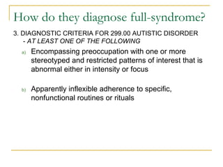 How do they diagnose full-syndrome? 3. DIAGNOSTIC CRITERIA FOR 299.00 AUTISTIC DISORDER -  AT LEAST ONE OF THE FOLLOWING Encompassing preoccupation with one or more stereotyped and restricted patterns of interest that is abnormal either in intensity or focus Apparently inflexible adherence to specific, nonfunctional routines or rituals 