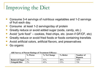 Consume 3-4 servings of nutritious vegetables and 1-2 servings of fruit each day.  Consume  at least 1-2 servings/day of protein  Greatly reduce or avoid added sugar (soda, candy, etc.) Avoid “junk food” – cookies, fried chips, etc. (even if GF/CF, etc) Greatly reduce or avoid fried foods or foods containing transfats Avoid artificial colors, artificial flavors, and preservatives Go organic Improving the Diet 