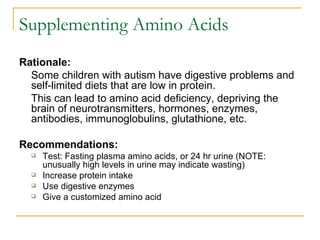Supplementing Amino Acids Rationale:     Some children with autism have digestive problems and self-limited diets that are low in protein.  This can lead to amino acid deficiency, depriving the brain of neurotransmitters, hormones, enzymes, antibodies, immunoglobulins, glutathione, etc. Recommendations:   Test: Fasting plasma amino acids, or 24 hr urine (NOTE: unusually high levels in urine may indicate wasting) Increase protein intake Use digestive enzymes Give a customized amino acid  