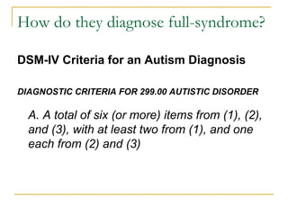 How do they diagnose full-syndrome? DSM-IV Criteria for an Autism Diagnosis DIAGNOSTIC CRITERIA FOR 299.00 AUTISTIC DISORDER A. A total of six (or more) items from (1), (2), and (3), with at least two from (1), and one each from (2) and (3) 