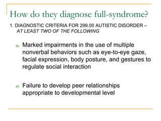 How do they diagnose full-syndrome? 1. DIAGNOSTIC CRITERIA FOR 299.00 AUTISTIC DISORDER –  AT LEAST TWO OF THE FOLLOWING Marked impairments in the use of multiple nonverbal behaviors such as eye-to-eye gaze, facial expression, body posture, and gestures to regulate social interaction Failure to develop peer relationships appropriate to developmental level 