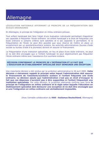Allemagne
LÉGISLATION NATIONALE AFFIRMANT LE PRINCIPE DE LA FRÉQUENTATION DES
ÉCOLES ORDINAIRES

En Allemagne, le principe de l'intégration en milieu ordinaire prévaut.

Tout enfant handicapé doit faire l'objet d'une évaluation individuelle permettant d'apprécier
ses capacités à fréquenter l’école ordinaire. Un enfant handicapé a le droit de fréquenter une
école ordinaire si certains critères sont satisfaits et si ses capacités le permettent. Si la
fréquentation de l'école ne peut être possible que sous réserve de mettre en place un
encadrement par un assistant/auxiliaire scolaire, les autorités administratives (bureau d’aide
sociale ou bureau d’aide à la jeunesse) doivent en assurer le financement.

La fréquentation d’une institution spécialisée, en lieu et place d’une école ordinaire, ne peut
et ne doit être envisagée que si l’enfant handicapé ne peut objectivement pas fréquenter
l’école ordinaire même avec l'assistance d'un auxiliaire scolaire.


 DÉCISION CONFIRMANT LE PRINCIPE DE L’INTÉGRATION ET LE FAIT QUE
 L'ÉDUCATION EN ÉTABLISSEMENT SPÉCIALISÉ DOIT DEMEURER UNE EXCEPTION


Une importante décision a été rendue par la juridiction administrative le 28 avril 2005. Cette
décision a clairement rappelé le principe selon lequel l'administration doit assurer
le financement de l’assistant/auxiliaire scolaire si l’enfant fréquente une école
ordinaire. La décision ajoute que l’administration n'est pas en droit d'invoquer le
fait que ces dépenses n'auraient pas à être supportées si l’enfant fréquentait une
institution spécialisée. Par cette décision, la juridiction allemande confirme avec force le
principe de l’intégration en milieu ordinaire et la règle selon laquelle l’éducation en
établissement spécialisé doit demeurer une exception et ne doit être envisagée que
si une l'intégration en milieu ordinaire est véritablement impossible.



                 (Avec l’aimable collaboration du HAK - Autismus Deutschland, Allemagne)




                                                                                            15
 