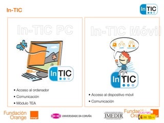 In-TIC
• Acceso al ordenador
• Comunicación
• Módulo TEA
• Acceso al dispositivo móvil
• Comunicación
 