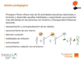 diseño pedagógico
Pictogram-Room ofrece más de 30 actividades educativas destinadas a
fomentar y desarrollar aquellas habilidades y capacidades que presentan
más dificultades en las personas con Autismo y Discapacidad Intelectual
asociada.
 representación y conceptualización de los objetos
 reconocimiento de uno mismo
 atención conjunta
 habilidades de imitación
 comunicación
 conocimiento y relación con el entorno
 