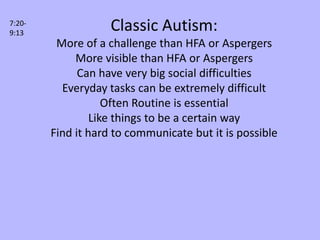 7:20-
9:13
                    Classic Autism:
         More of a challenge than HFA or Aspergers
             More visible than HFA or Aspergers
              Can have very big social difficulties
          Everyday tasks can be extremely difficult
                    Often Routine is essential
                 Like things to be a certain way
        Find it hard to communicate but it is possible
 