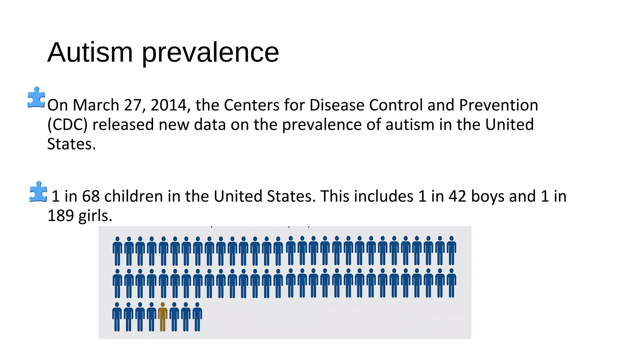 Autism prevalence
On March 27, 2014, the Centers for Disease Control and Prevention
(CDC) released new data on the prevalence of autism in the United
States.
1 in 68 children in the United States. This includes 1 in 42 boys and 1 in
189 girls.
 
