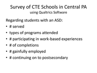 Survey of CTE Schools in Central PA
using Qualtrics Software
Regarding students with an ASD:
• # served
• types of programs attended
• # participating in work-based experiences
• # of completions
• # gainfully employed
• # continuing on to postsecondary
 