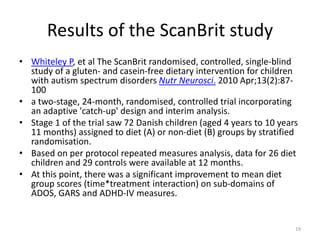 Results of the ScanBrit study
• Whiteley P, et al The ScanBrit randomised, controlled, single-blind
study of a gluten- and casein-free dietary intervention for children
with autism spectrum disorders Nutr Neurosci. 2010 Apr;13(2):87-
100
• a two-stage, 24-month, randomised, controlled trial incorporating
an adaptive 'catch-up' design and interim analysis.
• Stage 1 of the trial saw 72 Danish children (aged 4 years to 10 years
11 months) assigned to diet (A) or non-diet (B) groups by stratified
randomisation.
• Based on per protocol repeated measures analysis, data for 26 diet
children and 29 controls were available at 12 months.
• At this point, there was a significant improvement to mean diet
group scores (time*treatment interaction) on sub-domains of
ADOS, GARS and ADHD-IV measures.
19
 