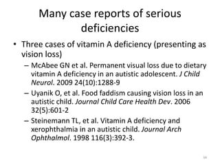 Many case reports of serious
deficiencies
• Three cases of vitamin A deficiency (presenting as
vision loss)
– McAbee GN et al. Permanent visual loss due to dietary
vitamin A deficiency in an autistic adolescent. J Child
Neurol. 2009 24(10):1288-9
– Uyanik O, et al. Food faddism causing vision loss in an
autistic child. Journal Child Care Health Dev. 2006
32(5):601-2
– Steinemann TL, et al. Vitamin A deficiency and
xerophthalmia in an autistic child. Journal Arch
Ophthalmol. 1998 116(3):392-3.
34
 