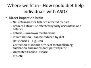 Where we fit in - How could diet help
individuals with ASD?
• Direct impact on brain
– Neurotransmitter balance affected by diet
– Brain cell structure affected by fatty acid intake and
balance
– Ketosis – unknown mechanisms
– Inflammation – can be reduced by diet
– Deficiencies – e.g. Iron
– Correction of inborn errors of metabolism eg
sulphation and antioxidant pathways???
– Untreated Coeliac Disease
– Etc, etc
7
 