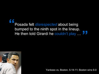 Posada felt  disrespected  about being bumped to the ninth spot in the lineup.  He then told Girardi he  couldn’t play  … “ ” Yankees vs. Boston, 5-14-11; Boston wins 6-0 