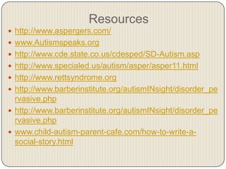 Resources
 http://www.aspergers.com/
 www.Autismspeaks.org
 http://www.cde.state.co.us/cdesped/SD-Autism.asp
 http://www.specialed.us/autism/asper/asper11.html
 http://www.rettsyndrome.org
 http://www.barberinstitute.org/autismINsight/disorder_pe
  rvasive.php
 http://www.barberinstitute.org/autismINsight/disorder_pe
  rvasive.php
 www.child-autism-parent-cafe.com/how-to-write-a-
  social-story.html
 