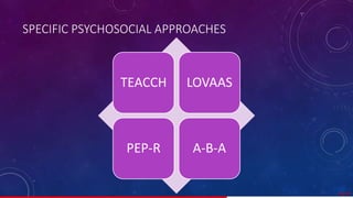 SPECIFIC PSYCHOSOCIAL APPROACHES
43/ 67
TEACCH LOVAAS
PEP-R A-B-A
 