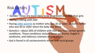 Risk factors
• Gender—boys are more likely to be diagnosed with ASD than girls
• Having a sibling with ASD
• Having older parents (a mother who was 35 or older, and/or a father
who was 40 or older when the baby was born)
• Genetics—about 20% of children with ASD also have certain genetic
conditions. Those conditions include Down syndrome, fragile X
syndrome, and tuberous sclerosis among others.
• Asd is found in all socioeconomic ethnic and racial groups
 