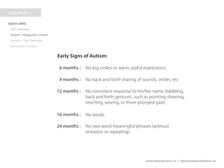 www.educationinc.us • rbenetz@educationinc.us
Early Signs of Autism:
6 months :
9 months :
12 months :
16 months :
24 months :
No big smiles or warm, joyful expressions
No back and forth sharing of sounds, smiles, etc
No consistent response to his/her name, babbling,
back and forth gestures, such as pointing showing,
reaching, waving, or three-pronged gaze.
No words
No two-word meaningful phrases (without
imitation or repeating)
 