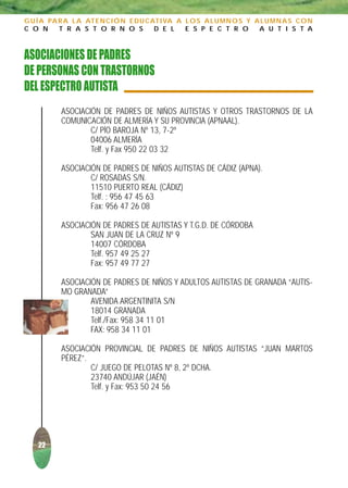 G U Í A PA R A L A AT E N C I Ó N E D U C AT I VA A L O S A L U M N O S Y A L U M N A S C O N
C O N      T R A S T O R N O S             D E L    E S P E C T R O        A U T I S T A



ASOCIACIONES DE PADRES
DE PERSONAS CON TRASTORNOS
DEL ESPECTRO AUTISTA
           ASOCIACIÓN DE PADRES DE NIÑOS AUTISTAS Y OTROS TRASTORNOS DE LA
           COMUNICACIÓN DE ALMERÍA Y SU PROVINCIA (APNAAL).
                   C/ PÍO BAROJA Nº 13, 7-2º
                   04006 ALMERÍA
                   Telf. y Fax 950 22 03 32

           ASOCIACIÓN DE PADRES DE NIÑOS AUTISTAS DE CÁDIZ (APNA).
                   C/ ROSADAS S/N.
                   11510 PUERTO REAL (CÁDIZ)
                   Telf. : 956 47 45 63
                   Fax: 956 47 26 08

           ASOCIACIÓN DE PADRES DE AUTISTAS Y T.G.D. DE CÓRDOBA
                   SAN JUAN DE LA CRUZ Nº 9
                   14007 CÓRDOBA
                   Telf. 957 49 25 27
                   Fax: 957 49 77 27

           ASOCIACIÓN DE PADRES DE NIÑOS Y ADULTOS AUTISTAS DE GRANADA “AUTIS-
           MO GRANADA”
                   AVENIDA ARGENTINITA S/N
                   18014 GRANADA
                   Telf./Fax: 958 34 11 01
                   FAX: 958 34 11 01

           ASOCIACIÓN PROVINCIAL DE PADRES DE NIÑOS AUTISTAS “JUAN MARTOS
           PÉREZ”.
                   C/ JUEGO DE PELOTAS Nº 8, 2º DCHA.
                   23740 ANDÚJAR (JAÉN)
                   Telf. y Fax: 953 50 24 56




    22
 