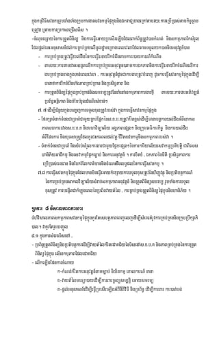 kñúgkmµviFIsvnkmµµrYmTaMgTaMgRkumkargarsvnkmµµépÞkñúgnigÉkraCüxageRkAtamry³kareRbIR)as;tamkic©RBm
eRBog b¤tamkarRbkaseRCIserIs .
-cMNucexSayénkarRtYtBinitü nigkareFVIeGayRbesIreLIgEdlBak;B½n§RtUv)ankMNt; nigskmµPaBEksMrYl
Edlpþl;enHGnusasn_dl;karRKb;RKgelImUldæaneRKageBlevlaEdlGacTTYlyk)annigGnuvtþn_)an
     - karRKb;RKgRtUveFVIyl;dwgénkareFVIeGayrIkcMerIntamkarr)aykarN_kMeNIn
     - tamry³kartamdanGegátelIkkarRKb;RKgGnuvtþn)tamkarÉkPaBnigkareFVIeGayrIkcMeNInelIkar
         garRKb;RKgxagkñúgTan;eBlevla / karGnuvtþn_dUcCakargarRtUvbMeBj dUckareFVIsvnkmµµépÞkñúgedIm,I
         FanafakarrIkcMerInTaMgPaBRKb;RKan nigRbsiT§PaB nig
     - karRtYtBinitüépÞkñúgRKb;RKan;nigsmrmüRtUvEnnaMenAskmµPaBkargarfµI tamry³kargarGPivDÆn_
         RbB½n§GtßiPaB nigbMEbbMrYldMeNIrsMxan;²
     7> 7 edIMm,ICMnYykñúgbeBa©jkarTTYlxusRtUvrbs;va kñúgkareFVIsavnkmµµépÞkñúg
     - EfrkSaTMnak;TMngCaRbcaMCamYyRKb;Epñkéns>x>b>KRtUvkMritx<s;edIm,IFanabnþkaryl;dwgGMBIsakl
       PaBshkarrvags>x>b>K nigmhaviTüal½y GgÁPaBepSg² nigRkumGFikarkic© nigkaryl;dwg
       GMBIEpnkar nigyuTsa®sþEdlKYrCHTBldl;vtþ CIvitsvnkmµµnigskmµPaBrbs;va .
     - TMnak;TMngCaRbcaM nigsMrb;sMrYlkargarCamYyEpñkepSg²énkarkariyal½yesvakmµRbtibtþi CaBiess
       haniP½yGaCIkmµ nigesvakmµEpñkc,ab; nigkarGnuvtþn_ . karxitxM / ÉkPaBénmiti RbsiT§PaBkar
        eRbIR)as;FnFan nigEckrMElkBt’mannigcMeNHdwglT§plénkareFVIsvnkmµµ .
     7>8 kareFVIsvnkmµµépÞkñúgEdlmanmineFVIeGaykMexSaykarTTYlxusRtUvénhiBaØvtßú nigRbtibtþkarN_
          énkarRKb;RKgsaklviTüal½ysMrab;skmµPaBGnuvtþn_ nigRtYtBinitüsmrmü rYmTaMgkarTTYl
          xusRtUv karbegáItCakMLúgeBlénRbB½nvaytMél / karRKb;RKgRtYtBinitüépÞkñúgnighaniP½y .

Rbkar 8 visalPaBkargar
TMhMvisalPaBskmµPaBsvnkmµµépÞkñúgKYrEtesmtßPaBeBjeljedIm,IsMerctMrUvkarRKb;RKgnigRkumRbwkSaPi
)al. vaKYrEtrYmbBa¢Úl
8>1 kñúgkarsMercTisedA /
- RbB½n§RtYtBinitünigRbtibtþkaredIm,IvaytMélkMriteCaKC½yénTisedAs>x>b>K nigPaBRKb;RKgénkarRtYt
  BinitüépÞkñúg elIskmµPaBEdleCaKC½y
- elIkeLIgEpnkarcMNay
                 k-kMNt;kMritkarGnuvtþn_tamc,ab; niy½tkmµ eKalkarN_ nana
                 x-vaytMélmeFüa)ayedIm,IkarBarRTBüsm,tþi eGaysmrmü
                 K-pþl;Gnusasn_edIm,IeFVIRbesIreLIgGMBInItiviFI nigRbB½n§ edIm,IkarBar kar)at;bg;
 