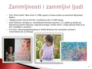 






Film “Kišni čovek” (Rain man) iz 1988. govori o životu osobe sa autizmom Rejmonda
Babita.
Njegovo pravo ime je Kim Pik, i pročitao je oko 12.000 knjiga.
Karli Flaišman, devojka sa neverbalnom formom autizma u 12. godini je počela da
komunicira putem računara, napisala je knjigu “Carlys Voice” u kojoj opisuje kako je to
biti “zarobljen u autizmu”.
Iris Grejs, četvorogogodišnjakinja iz Velike Britanije ima neverbalni autizam i
neverovatan dar za slikanje.

11

 