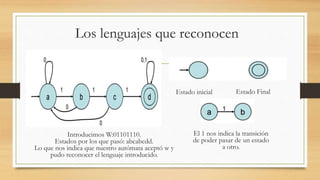 Los lenguajes que reconocen
Estado inicial Estado Final
Introducimos W:01101110.
Estados por los que pasó: abcabcdd.
Lo que nos indica que nuestro autómata aceptó w y
pudo reconocer el lenguaje introducido.
El 1 nos indica la transición
de poder pasar de un estado
a otro.
 