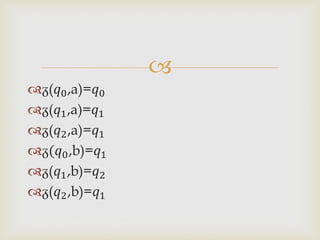 
ᵹ(0 ,a)=0
ᵹ(1 ,a)=1
ᵹ(2 ,a)=1
ᵹ(0 ,b)=1
ᵹ(1 ,b)=2
ᵹ(2 ,b)=1
 