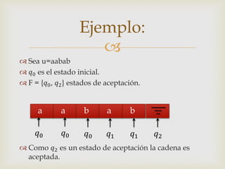 Ejemplo:
                       
 Sea u=aabab
 0 es el estado inicial.
 F = {0 , 2 } estados de aceptación.


      a       a      b       a       b

     0      0    0     1     1    2
 Como 2 es un estado de aceptación la cadena es
  aceptada.
 