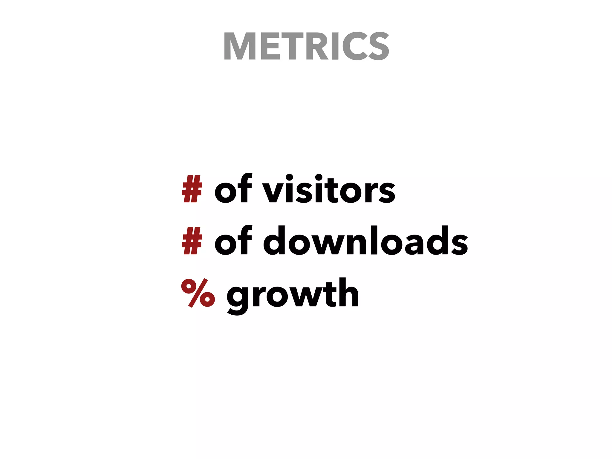 METRICS
# of visitors
# of downloads
% growth
 