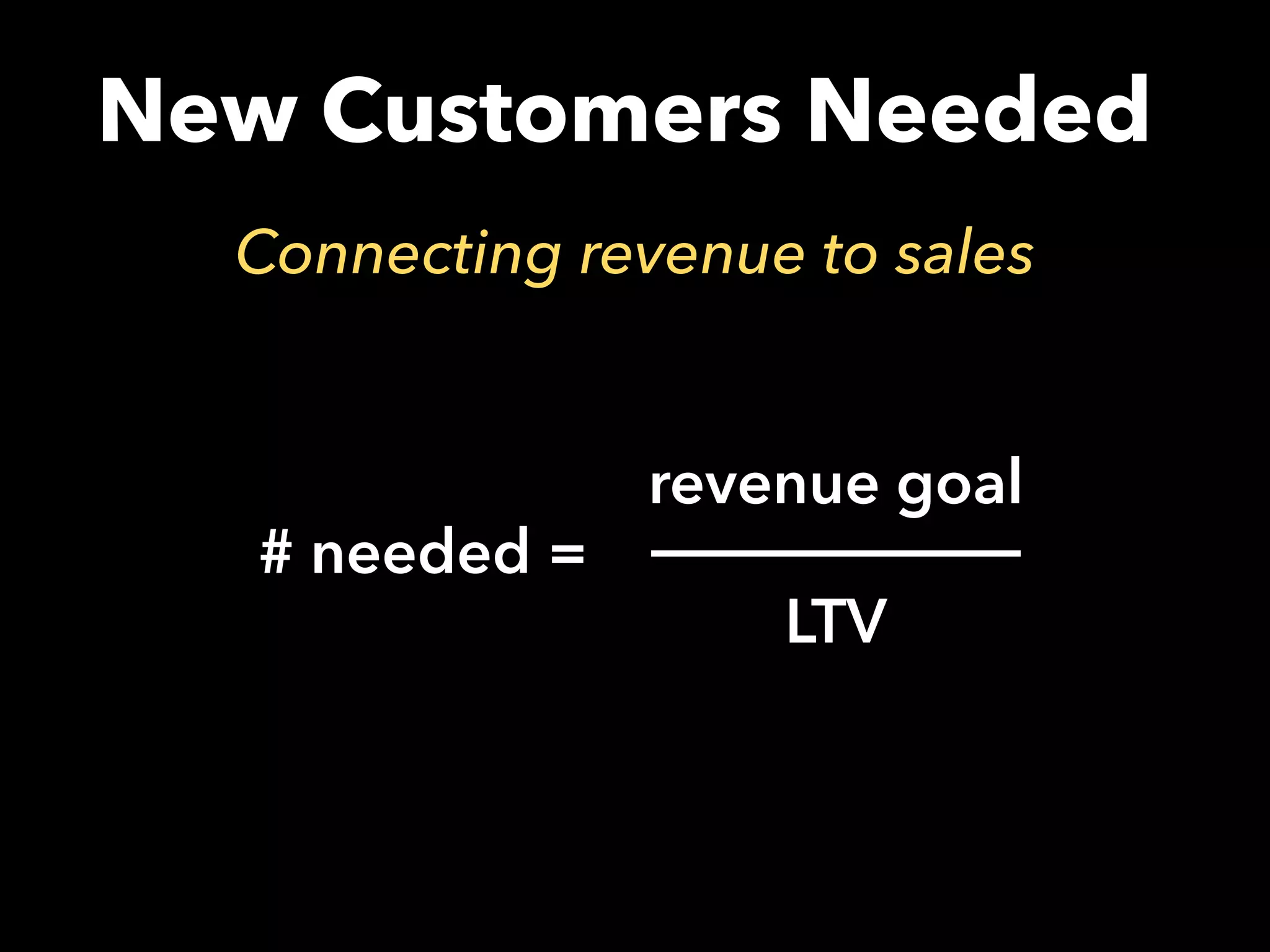 New Customers Needed
Connecting revenue to sales
# needed =
revenue goal
LTV
 