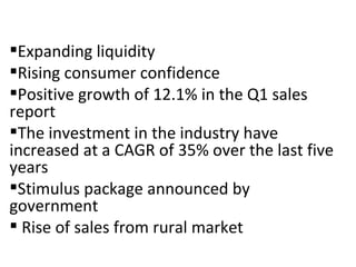 Expanding liquidity Rising consumer confidence Positive growth of 12.1% in the Q1 sales report The investment in the industry have increased at a CAGR of 35% over the last five years Stimulus package announced by government Rise of sales from rural market 