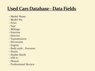 - Model Name
- Model No
- Price
- Year
- Mileage
- Exterior
- Interior
- Transmission
- Drivetrain
- Engine
- Body style , Features
- Doors
- Dealer Stock
- VIN #:
- Photos
- Professional Review
 