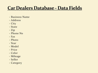 - Business Name
- Address
- City
- State
- Zip
- Phone No
- Fax
- Photo
- Year
- Model
- Price
- Color
- Mileage
- Seller
- Category
 