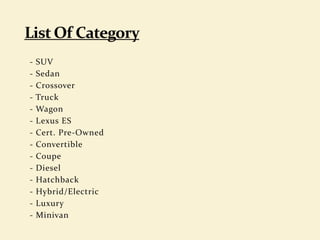 - SUV
- Sedan
- Crossover
- Truck
- Wagon
- Lexus ES
- Cert. Pre-Owned
- Convertible
- Coupe
- Diesel
- Hatchback
- Hybrid/Electric
- Luxury
- Minivan
 