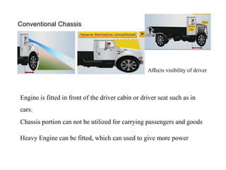 Conventional Chassis
Affects visibility of driver
Engine is fitted in front of the driver cabin or driver seat such as in
cars.
Chassis portion can not be utilized for carrying passengers and goods
Heavy Engine can be fitted, which can used to give more power
 