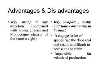 Advantages & Dis advantages
• V
ery strong in any • V
ery complex , costly
and time consuming to
be built.
It engages a lot of
spaces rise the door seal
and result in difficult to
access to the cabin.
direction
with ladder
Monocoque
(compared
chassis and
chassis of •
the same weight)
• Impossible for
robotized production.
 