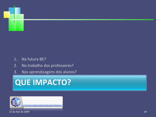 Na futura BE? No trabalho dos professores? Nas aprendizagens dos alunos? 21 de Nov de 2009 QUE IMPACTO? 