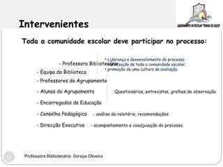 Intervenientes Toda a comunidade escolar deve participar no processo: - Professora Bibliotecária  - Equipa da Biblioteca - Professores do Agrupamento - Alunos do Agrupamento   Questionários, entrevistas, grelhas de observação - Encarregados de Educação - Conselho Pedagógico   - análise do relatório, recomendações - Direcção Executiva   - acompanhamento e coadjuvação do processo Liderança e desenvolvimento do processo;  mobilização de toda a comunidade escolar;  promoção de uma cultura de avaliação. Professora Bibliotecária: Soraya Oliveira 