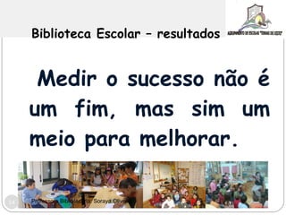 Biblioteca Escolar – resultados  Medir o sucesso não é um fim, mas sim um meio para melhorar.  Professora Bibliotecária: Soraya Oliveira 