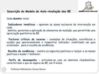 Cada  domínio  inclui: Indicadores temáticos  – apontam as zonas nucleares de intervenção em cada  domínio; permitem a aplicação de elementos de medição, que permitirão uma apreciação qualitativa da BE. Factores críticos de sucesso  – exemplos de situações, ocorrências e acções que operacionalizam o respectivo indicador; constituem um guia orientador  para a recolha de evidências. Recolha de evidências  – mostra os aspectos positivos a realçar e os menos positivos a mudar / melhorar.  Perfis de desempenho  – articulam-se com os dominios /subdomínios, caracterizam o que se espera da BE, em 4 níveis. Descrição do Modelo de Auto-Avaliação das BE Professora Bibliotecária: Soraya Oliveira 