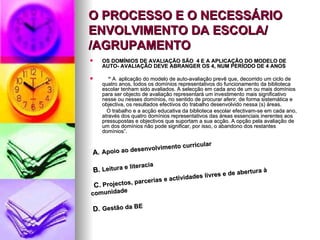 O PROCESSO E O NECESSÁRIO ENVOLVIMENTO DA ESCOLA/ /AGRUPAMENTO OS DOMÍNIOS DE AVALIAÇÃO SÃO  4 E A APLICAÇÃO DO MODELO DE AUTO- AVALIAÇÃO DEVE ABRANGER OS 4, NUM PERÍODO DE 4 ANOS “  A   aplicação do modelo de auto-avaliação prevê que, decorrido um ciclo de quatro anos, todos os domínios representativos do funcionamento da biblioteca escolar tenham sido avaliados. A selecção em cada ano de um ou mais domínios para ser objecto de avaliação representará um investimento mais significativo nesse ou nesses domínios, no sentido de procurar aferir, de forma sistemática e objectiva, os resultados efectivos do trabalho desenvolvido nessa (s) áreas. O trabalho e a acção educativa da biblioteca escolar efectivam-se em cada ano, através dos quatro domínios representativos das áreas essenciais inerentes aos pressupostas e objectivos que suportam a sua acção. A opção pela avaliação de um dos domínios não pode significar, por isso, o abandono dos restantes domínios”. C.  Projectos, parcerias e actividades livres e de abertura à comunidade D.   Gestão da BE A .   Apoio ao desenvolvimento curricular B.  Leitura e literacia 