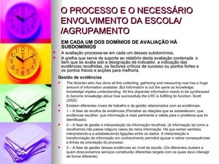 O PROCESSO E O NECESSÁRIO ENVOLVIMENTO DA ESCOLA/ /AGRUPAMENTO EM CADA UM DOS DOMÍNIOS DE AVALIAÇÃO HÁ SUBDOMÍNIOS A avaliação processa-se em cada um desses subdomínios . A grelha que serve de suporte ao relatório desta avaliação contempla  o item que se avalia sob a designação de indicador, a indicação das evidências recolhidas, os factores críticos de sucesso ou pontos fortes e os pontos fracos e acções para melhoria. Gestão de evidências  The librarian who has done all this collecting, gathering and measuring now has a huge amount of information available. But information is not the same as knowledge; knowledge implies understanding. All this disparate information needs to be synthesised to become knowledge about how successfully the LRC is fulfilling its function .  Scott (2002) Existem diferentes níveis de trabalho e de gestão relacionados com as evidências:  1 – A fase de recolha de evidências (Perceber as relações que se estabelecem, que evidências recolher, que informação é mais pertinente e válida para o problema que foi identificado).  2 – A fase de gestão e interpretação da informação recolhida. (A informação tal como a recolhemos não passa nalguns casos de mera informação. Há que extrair sentidos interpretando-a e estabelecendo ligações entre os dados. A interpretação e transformação da informação em conhecimento permitirá ajuizar e retirar consequências e linhas de orientação do processo 3 – A fase de gestão dessas evidências ao nível da escola. (Os diferentes clusters a quem direccionamos serviços constituirão diferentes targets com os quais devo interagir de forma diferente). 