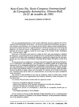 Resumen de Auto-Carto Sexto Congreso Internacional de Cartografía Automática, 1984