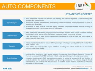 1717MAY 2017
STRATEGIES ADOPTED
AUTO COMPONENTS
• Auto component suppliers are focused on entering new vehicle segments & manufacturing new
products with higher margin
• Both Indian & global manufacturers are investing in new capacities & newer programmes, in order to
get long term advantage
• As markets in North, West & South are getting saturated, components makers are now focusing on
untapped market like the Northeast region of the country.
• India’s projected production is around 8.7mn passenger vehicles per year by 2020 (with most of them
being compact cars)
• Many MNC’s like Ford, Hyundai, Toyota & GM are launching new vehicle models due to their earlier
success in the Indian market.
New strategies
Diversification
Capacity
R&D facilities
Source: Make in India, News updates
For updated information, please visit www.ibef.org
• Many Indian firms specialising in only one product market or segment & are looking forward to diversify
horizontally in other segments like 2-wheelers, passenger cars or commercial vehicles.
• They are stepping up their product development capabilities in order to have the best chance of
capturing growth opportunity.
• Looking at the opportunity many global suppliers for example Bosch Chassis Systems, Tenneco &
Faurecia have established R&D facilities in India to adapt global designs & develop new products
• Increasing investments in R&D also assists companies in setting up laboratories & new facilities to
conduct activities like analysis, simulation & engineering animations. For instance Magneti Marelli
entered into a joint venture with Maruti Suzuki, to establish a new plant for production of robotized
gearboxes for automobiles.
 