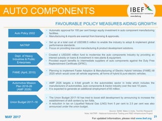 2121MAY 2017 For updated information, please visit www.ibef.org
FAVOURABLE POLICY MEASURES AIDING GROWTH
Source: SIAM, Make in India, TechSci Research
Note: NATRiP - National Automotive Testing and R&D Infrastructure Project
AUTO COMPONENTS
Auto Policy 2002
• Automatic approval for 100 per cent foreign equity investment in auto component manufacturing
facilities.
• Manufacturing & imports are exempt from licensing & approvals.
NATRiP
• Set up at a total cost of USD388.5 million to enable the industry to adopt & implement global
performance standards.
• Focus on providing low-cost manufacturing & product development solutions.
Dept. of Heavy
Industries & Public
Enterprises
• Created a USD200 million fund to modernise the auto components industry by providing an
interest subsidy on loans & investment in new plants & equipment.
• Provided export benefits to intermediate suppliers of auto components against the Duty Free
Replenishment Certificate (DFRC).
Union Budget 2017–18
• The Union Budget 2017-18 has tried to boost skill development by announcing to increase the
establishment of skill centers by ten folds.
• A reduction in tax on Liquefied Natural Gas (LNG) from 5 per cent to 2.5 per cent was also
announced under the union budget.
Automotive Mission
Plan 2016-26
(AMP 2026)
• AMP 2026 targets a 4-fold growth in the automobiles sector in India which includes the
manufacturers of automobiles, auto components & tractor industry over the next 10 years.
• It is expected to generate an additional employment of 65 million.
FAME (April, 2015)
• Planning to implement Faster Adoption & Manufacturing of Electric Hybrid Vehicles (FAME) till
2020 which would cover all vehicle segments, all forms of hybrid & pure electric vehicles.
 