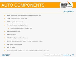4444MAY 2017 For updated information, please visit www.ibef.org
ACMA: Automotive Component Manufacturers Association of India
CAGR: Compound Annual Growth Rate
FDI: Foreign Direct Investment
FY: Indian Financial Year (April to March)
So FY12 implies April 2011 to March 2012
GOI: Government of India
INR: Indian Rupee
OEM: Original Equipment Manufacturers
NATRiP: National Automotive Testing and R&D Infrastructure Project
SEZ: Special Economic Zone
USD: US Dollar
Wherever applicable, numbers have been rounded off to the nearest whole number
GLOSSARY
AUTO COMPONENTS
 