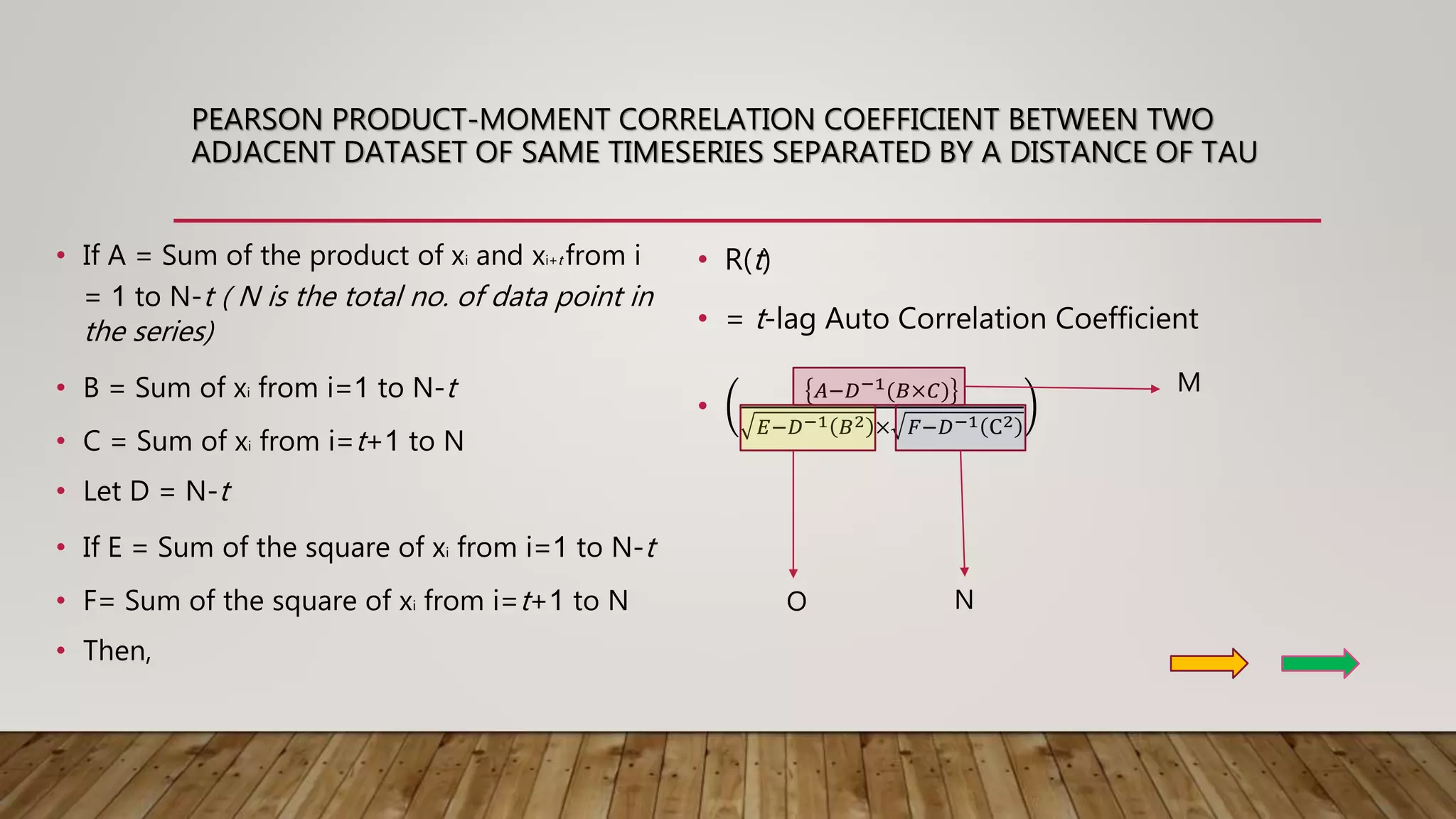 PEARSON PRODUCT-MOMENT CORRELATION COEFFICIENT BETWEEN TWO
ADJACENT DATASET OF SAME TIMESERIES SEPARATED BY A DISTANCE OF TAU
• If A = Sum of the product of xi and xi+t from i
= 1 to N-t ( N is the total no. of data point in
the series)
• B = Sum of xi from i=1 to N-t
• C = Sum of xi from i=t+1 to N
• Let D = N-t
• If E = Sum of the square of xi from i=1 to N-t
• F= Sum of the square of xi from i=t+1 to N
• Then,
• R(t)
• = t-lag Auto Correlation Coefficient
•
𝐴−𝐷−1(𝐵×𝐶)
𝐸−𝐷−1 𝐵2 × 𝐹−𝐷−1 C2
M
NO
 