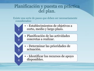 Planificación y puesta en práctica
             del plan.
Existe una serie de pasos que deben ser necesariamente
 considerados:
         • - Establecimientos de objetivos a
    1      corto, medio y largo plazo.

         • Planificación de las actividades
   2       concretas a realizar.

         • - Determinar las prioridades de
   3       actuación.

         • - Identificar los recursos de apoyo
   4       disponibles.
 