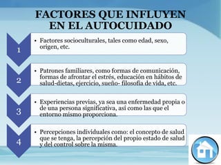 FACTORES QUE INFLUYEN
      EN EL AUTOCUIDADO
    • Factores socioculturales, tales como edad, sexo,
      origen, etc.
1

    • Patrones familiares, como formas de comunicación,
      formas de afrontar el estrés, educación en hábitos de
2     salud-dietas, ejercicio, sueño- filosofía de vida, etc.


    • Experiencias previas, ya sea una enfermedad propia o
      de una persona significativa, así como las que el
3     entorno mismo proporciona.

    • Percepciones individuales como: el concepto de salud
      que se tenga, la percepción del propio estado de salud
4     y del control sobre la misma.
 